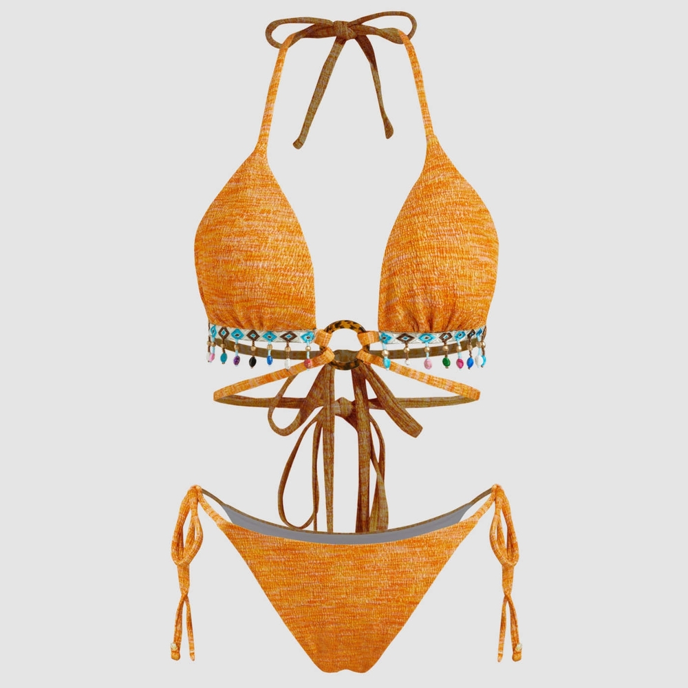 Orange Halter Bikini with Beaded Details
